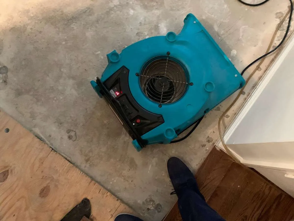 Air mover drying subfloor during Leak Detection & Repair in Heeia